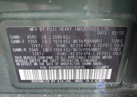 2013 Subaru Outback 2.5I Premium from USA, damaged, VIN 4S4BRBCC5D3290820